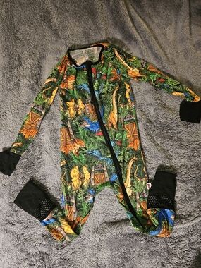 Green Dinosaur Jungle Print Footie Pajamas with Black Trim Size 18 To 24 Months